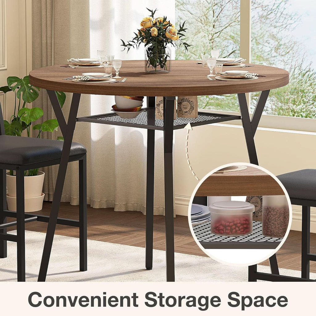 Juego de comedor redondo para cuatro personas, acabado en madera de nogal y metal