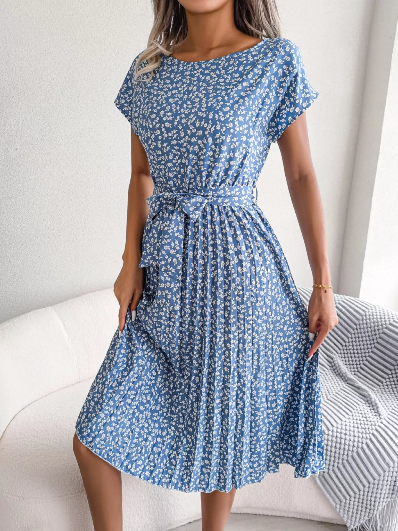 Women's Floral Pleated Midi Dress with Belt – Casual Spring Style