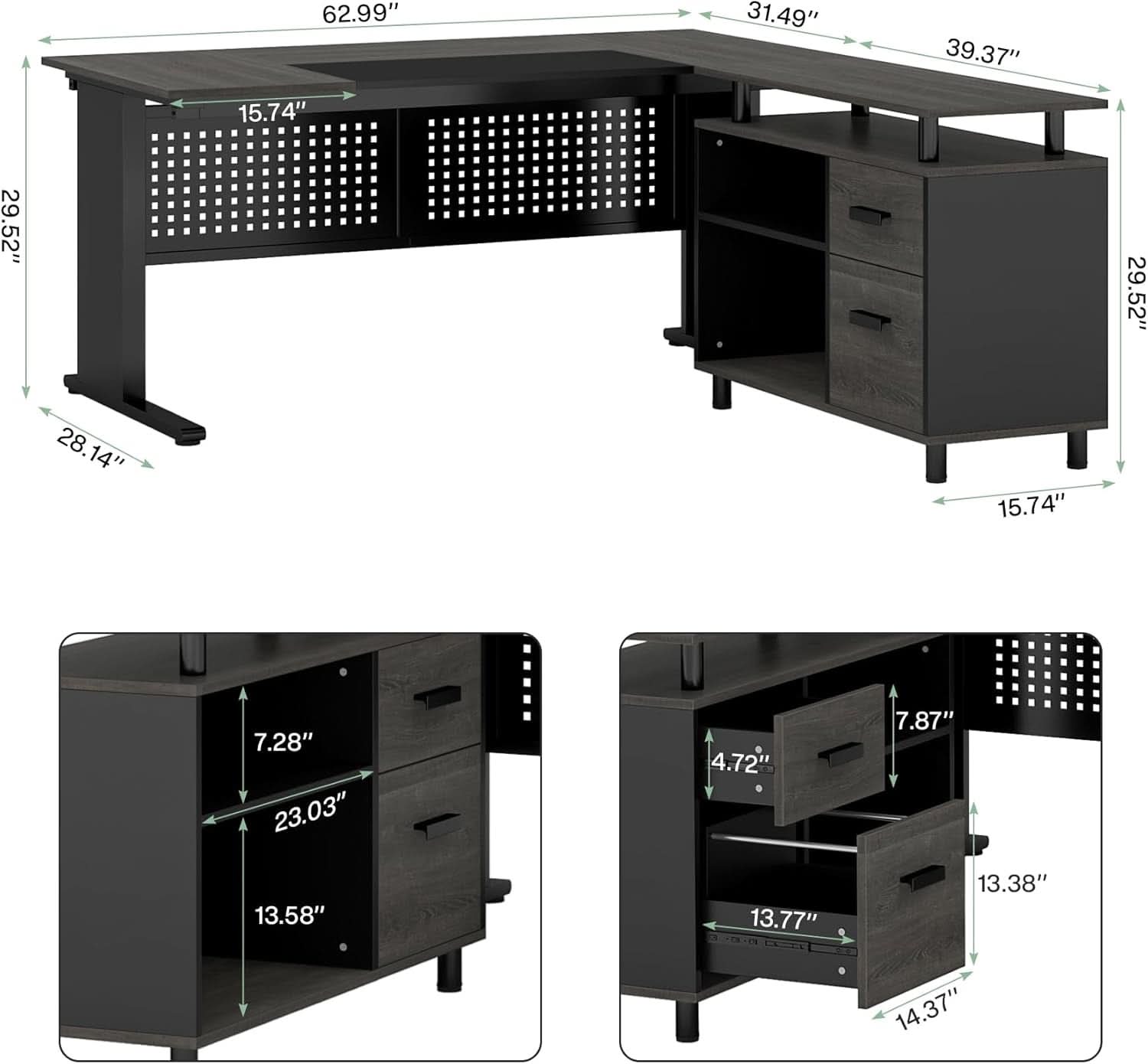 63 Inch Executive Desk With Integrated Cabinet Gray