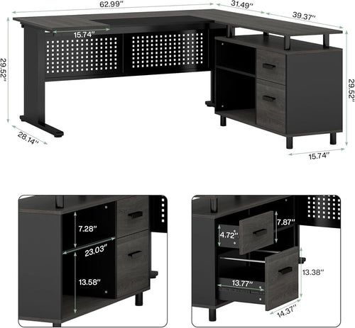 63 Inch Executive Desk With Integrated Cabinet Gray