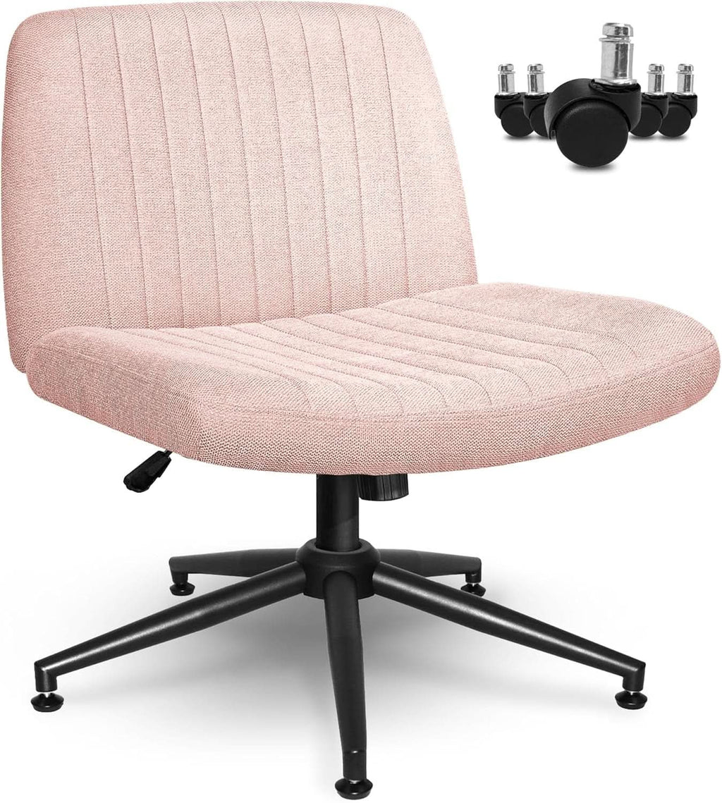 Silla de oficina rosa con ruedas, sin brazos, giratoria, con diseño entrecruzado