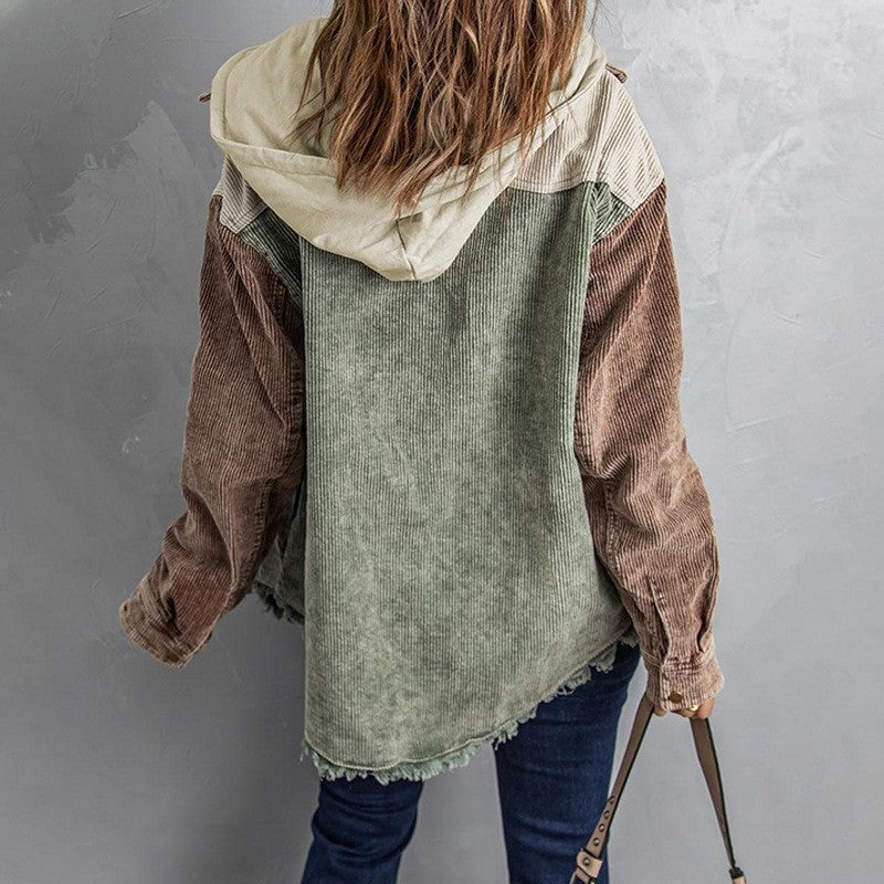 Loose Fit Color Block Hooded Corduroy Jacket
