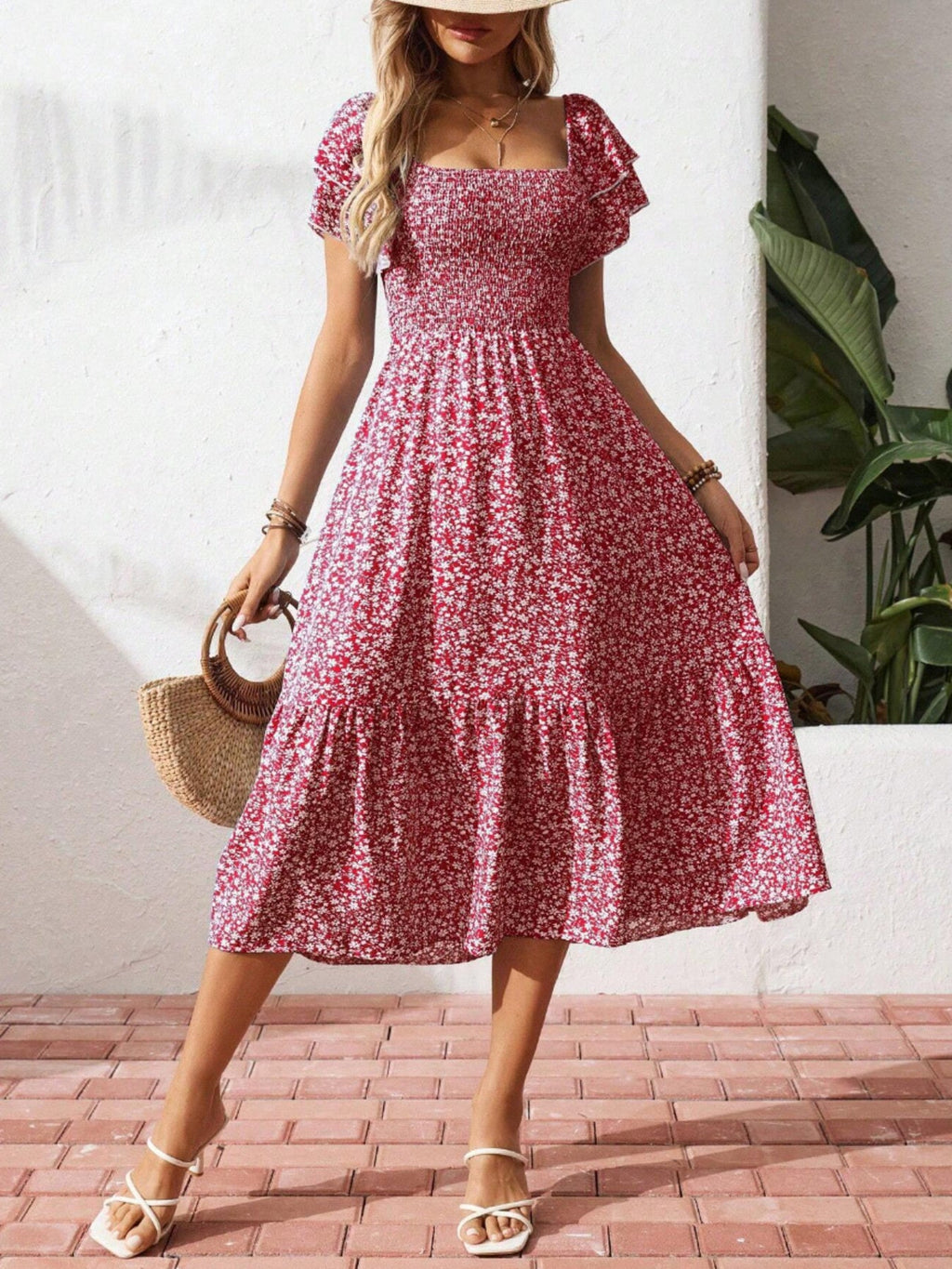 Floral Print Smocked Ruffle Sleeves Dress