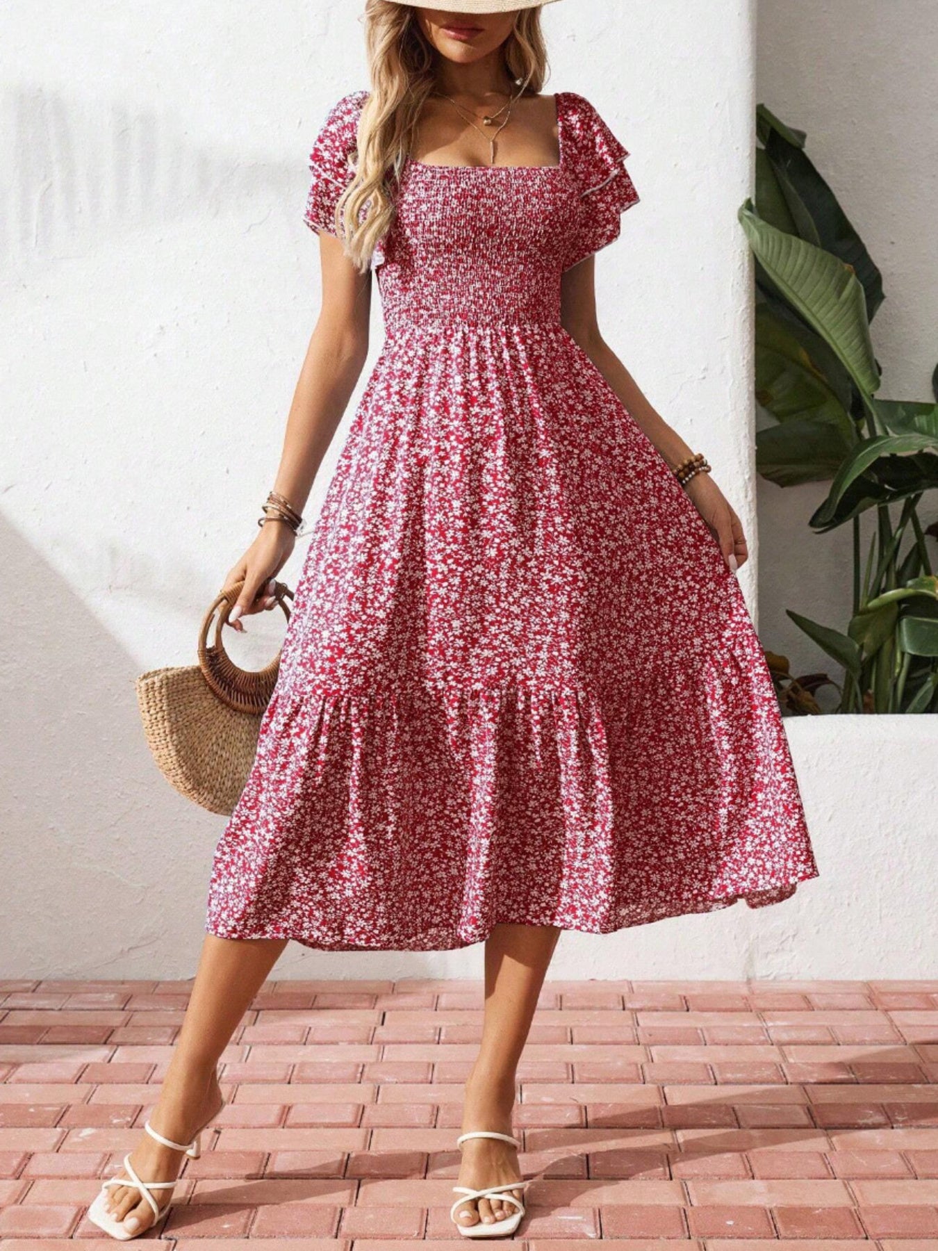 Floral Print Smocked Ruffle Sleeves Dress