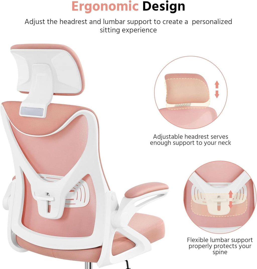 Silla de oficina ergonómica respaldo alto malla blanca rosa lumbar