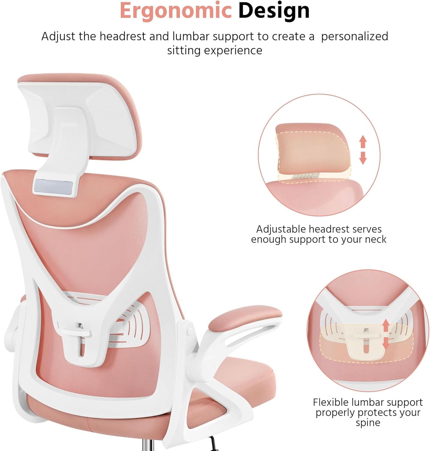 Silla de oficina ergonómica respaldo alto malla blanca rosa lumbar