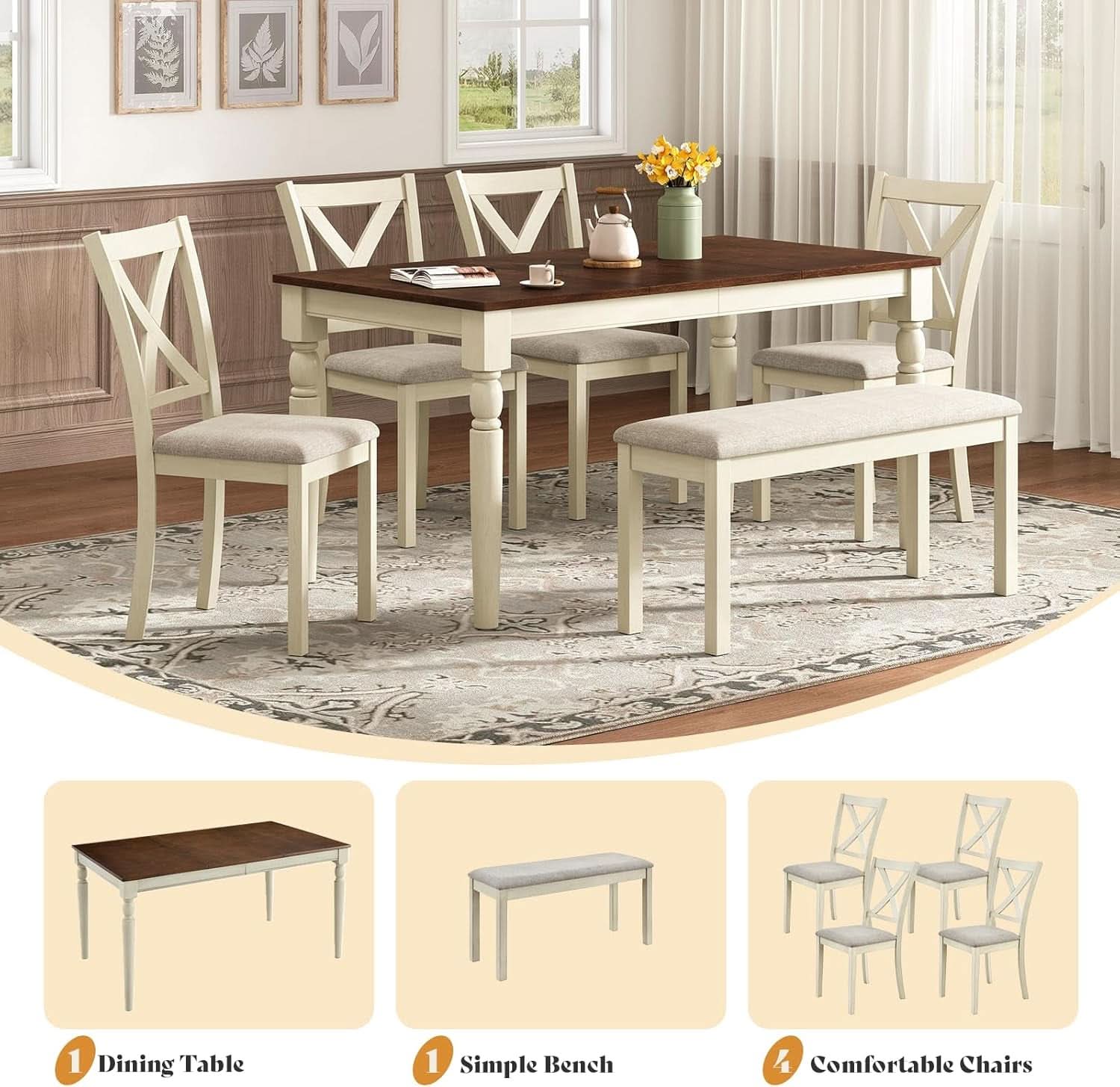 Juego de Mesa de Comedor de Madera Maciza de Nogal de Sesenta Pulgadas con Sillas Tapizadas