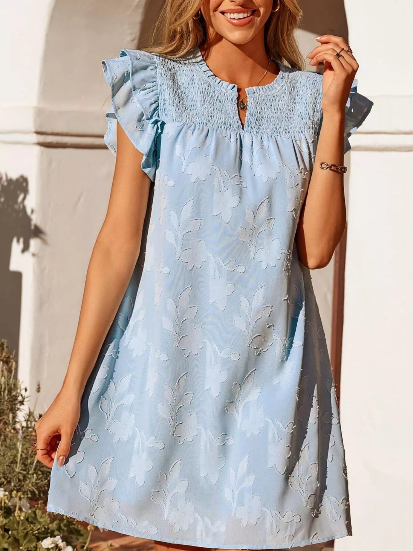 Floral Embossed Ruffle Sleeve Mini Dress