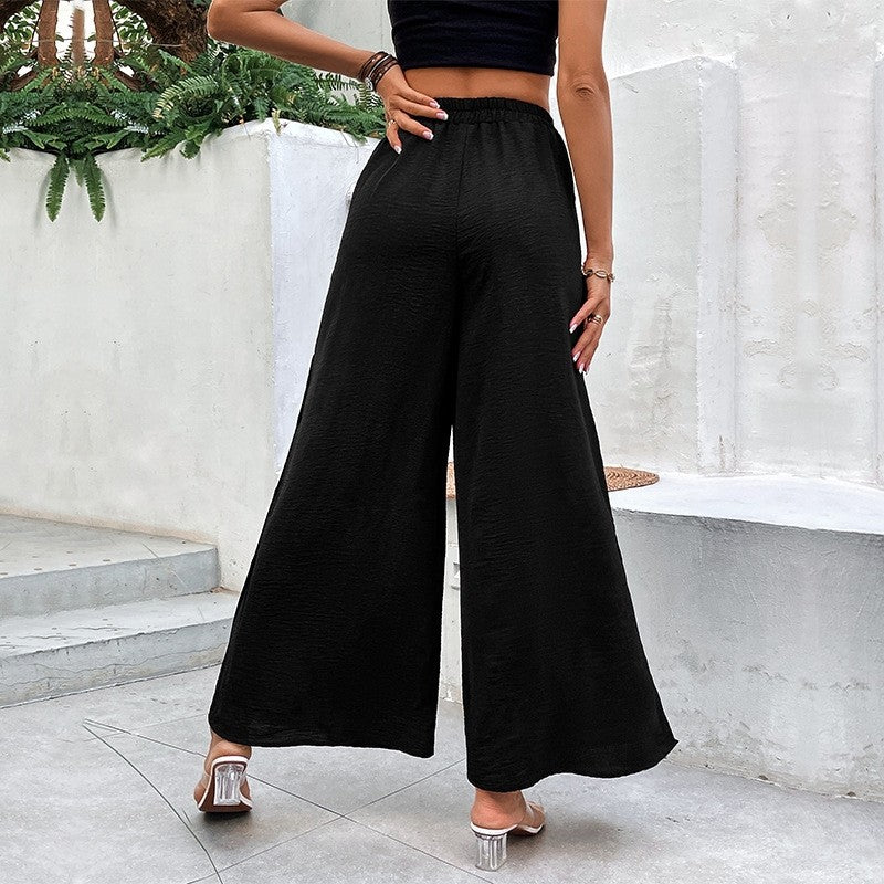 Wide Leg Casual Pants with Elastic Waist and Side Slits in Solid Color