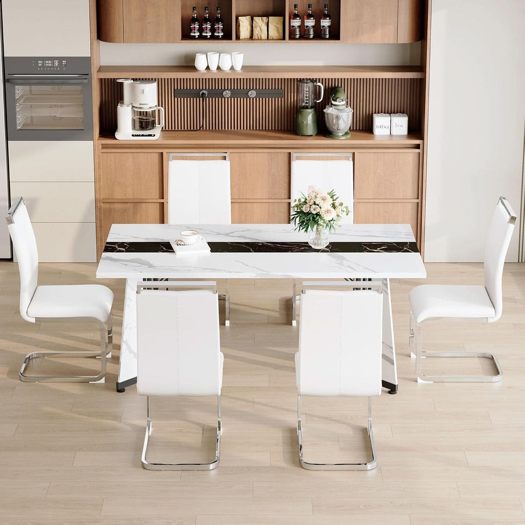 Juego de comedor para seis personas, mesa con tope de mármol blanco de 71 pulgadas y sillas de cuero