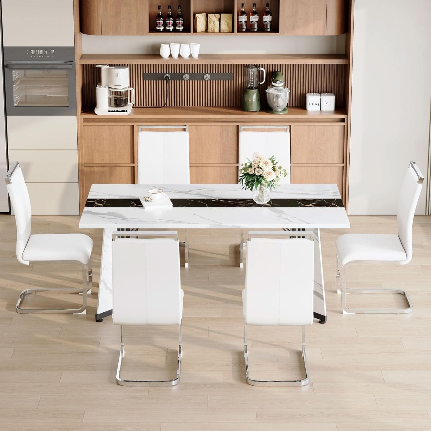 Juego de comedor para seis personas, mesa con tope de mármol blanco de 71 pulgadas y sillas de cuero