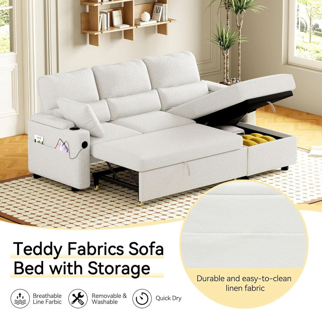 Pull Out Convertible Sofa Bed With Hidden Storage Teddy White