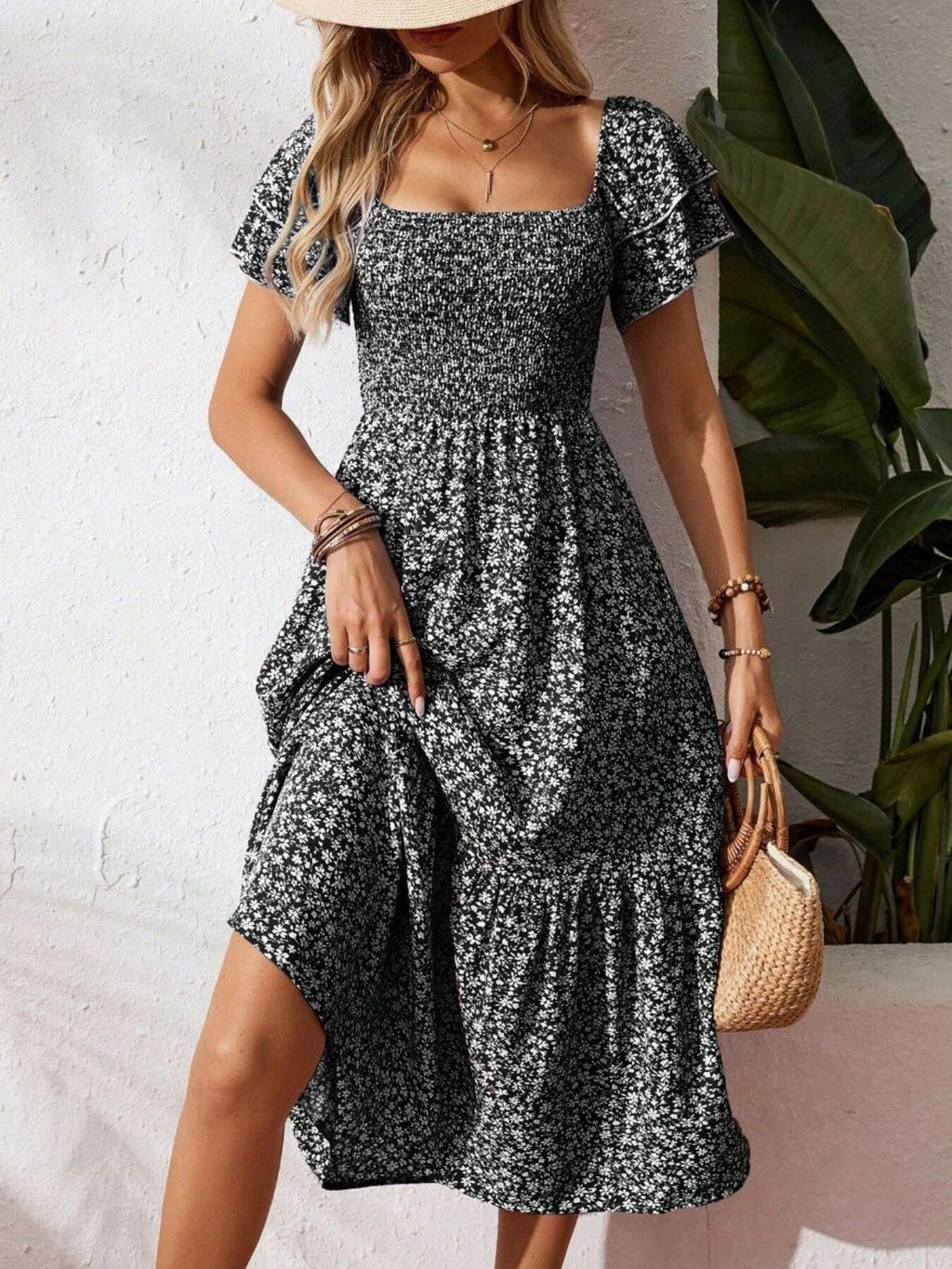 Floral Print Smocked Ruffle Sleeves Dress