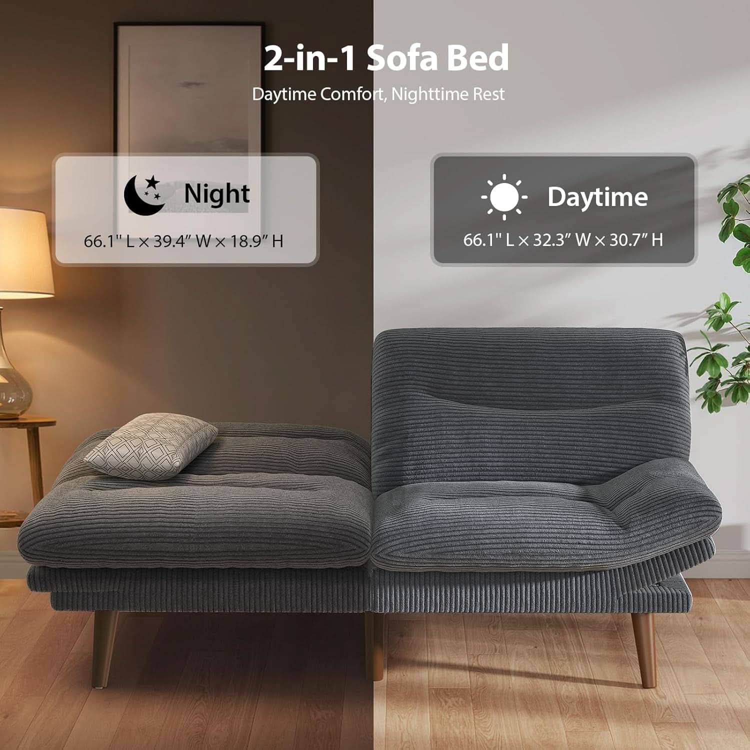 Sofá cama futón con respaldo ajustable de pana gris de 73 pulgadas