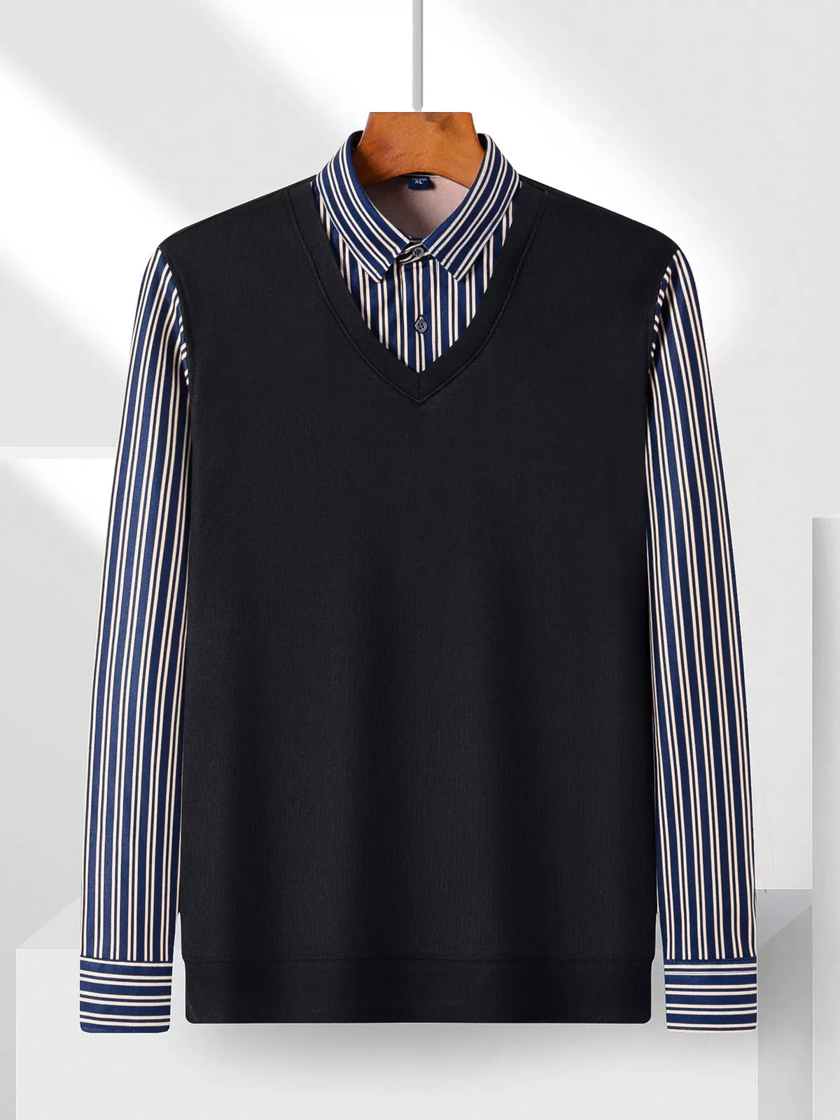 Men's Plus Size Striped Long Sleeve Fake Two-Piece Knit Top