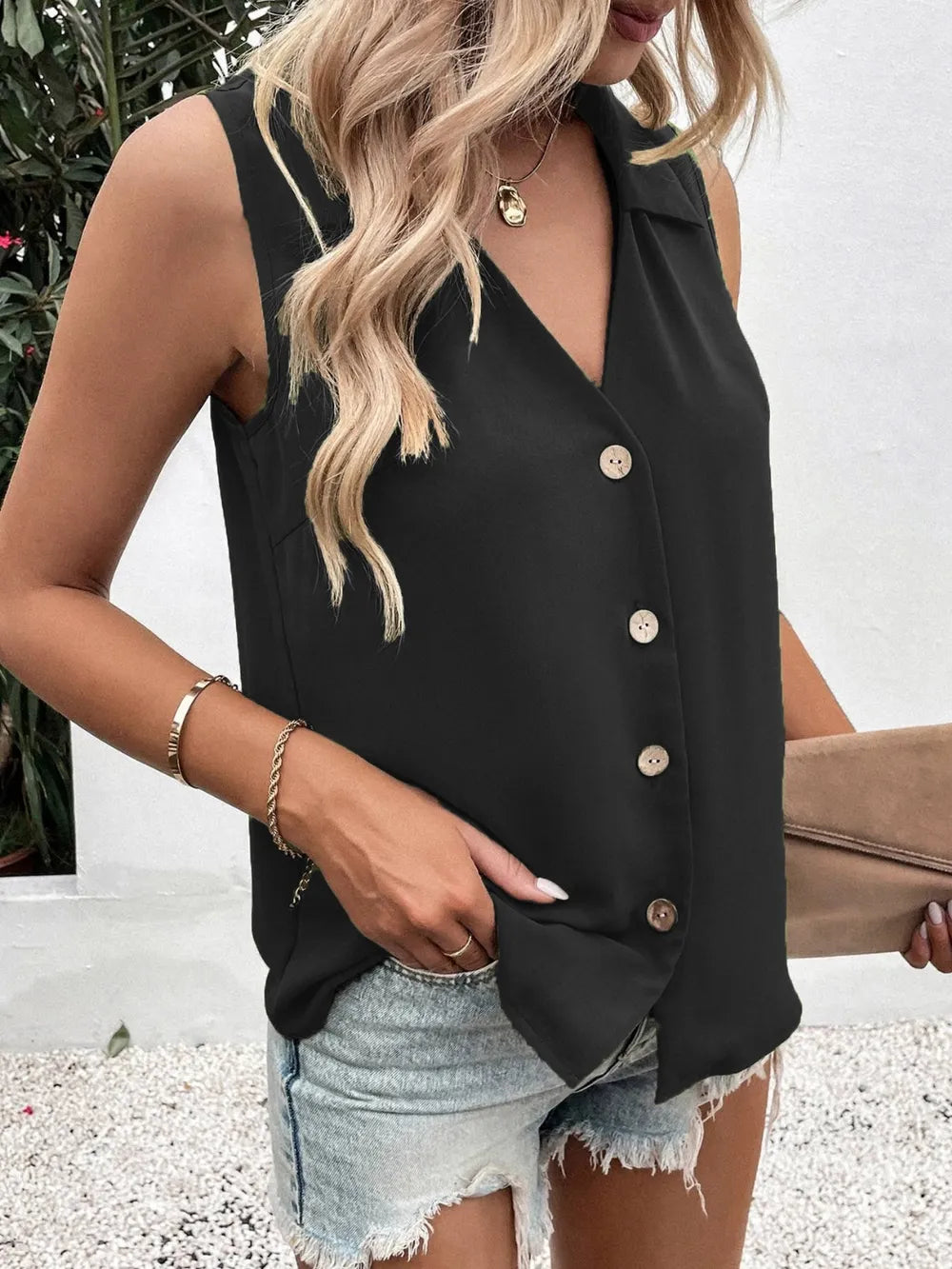Full Size Johnny Collar Button Down Tank Plus Size