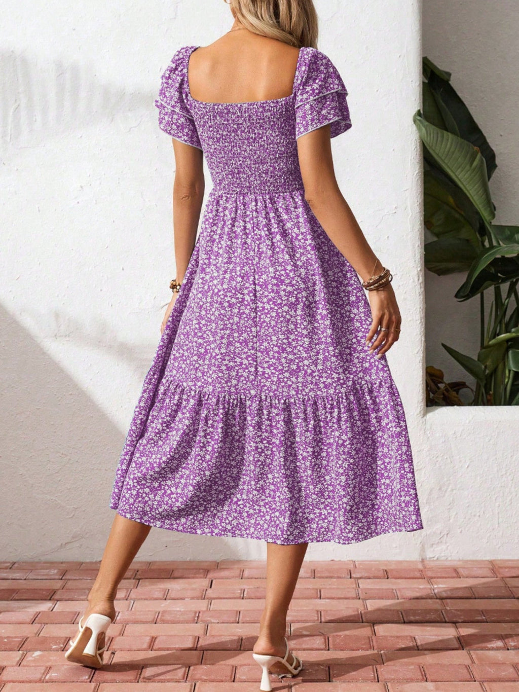 Floral Print Smocked Ruffle Sleeves Dress