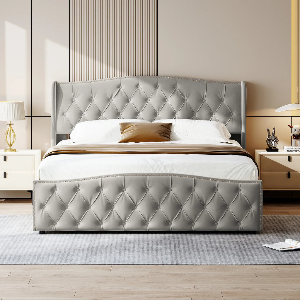 ROSAHQNDA Upholstered Bed, Hydraulic Bed In Modern Style, 140/160 X 200 Cm, Gray Flannel Rivet. Double Bed Without Mattress