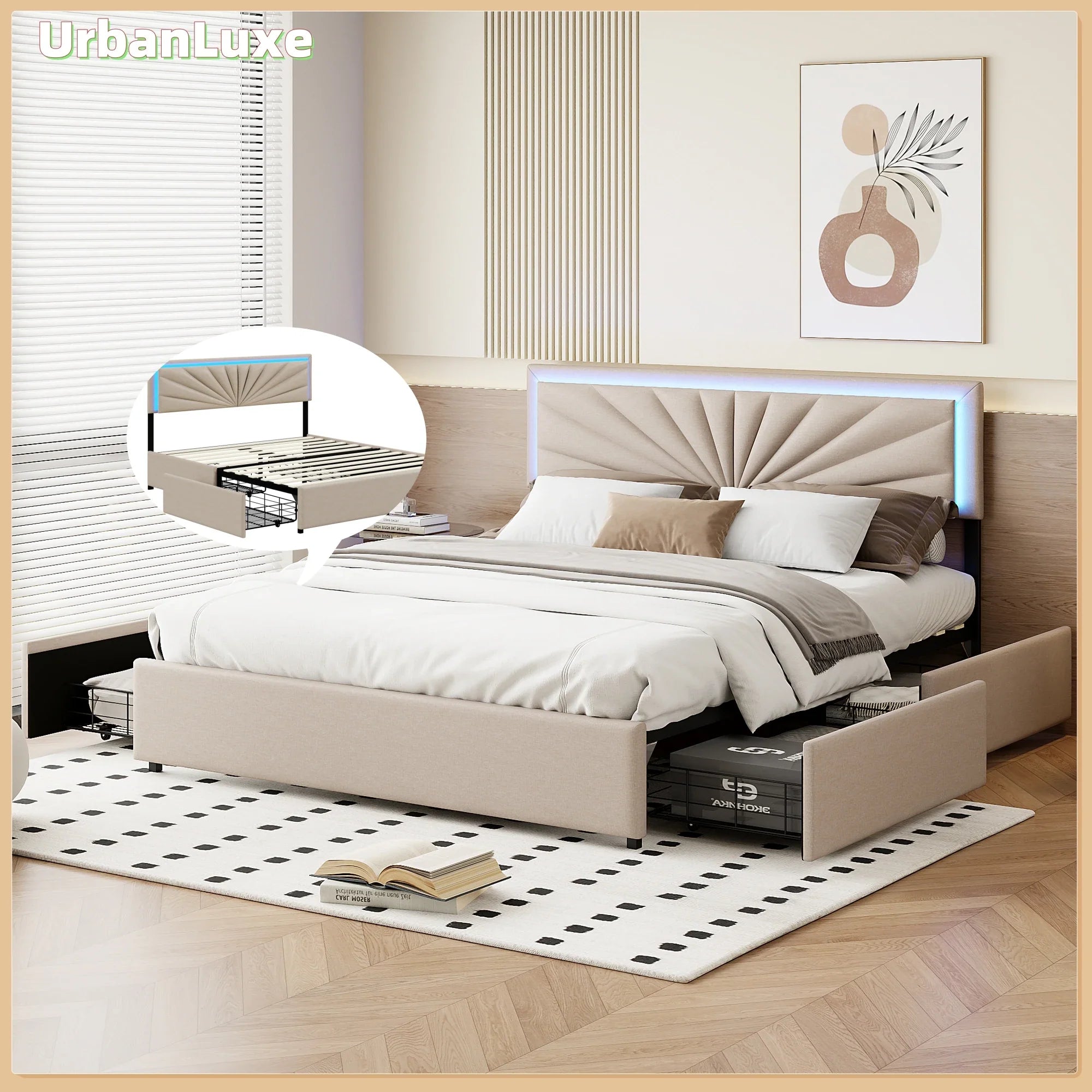 Urban Luxe 160x200 cm Upholstered bed with 4 Drawers and LED Light bed with Storage, Slatted, Linen, Beige