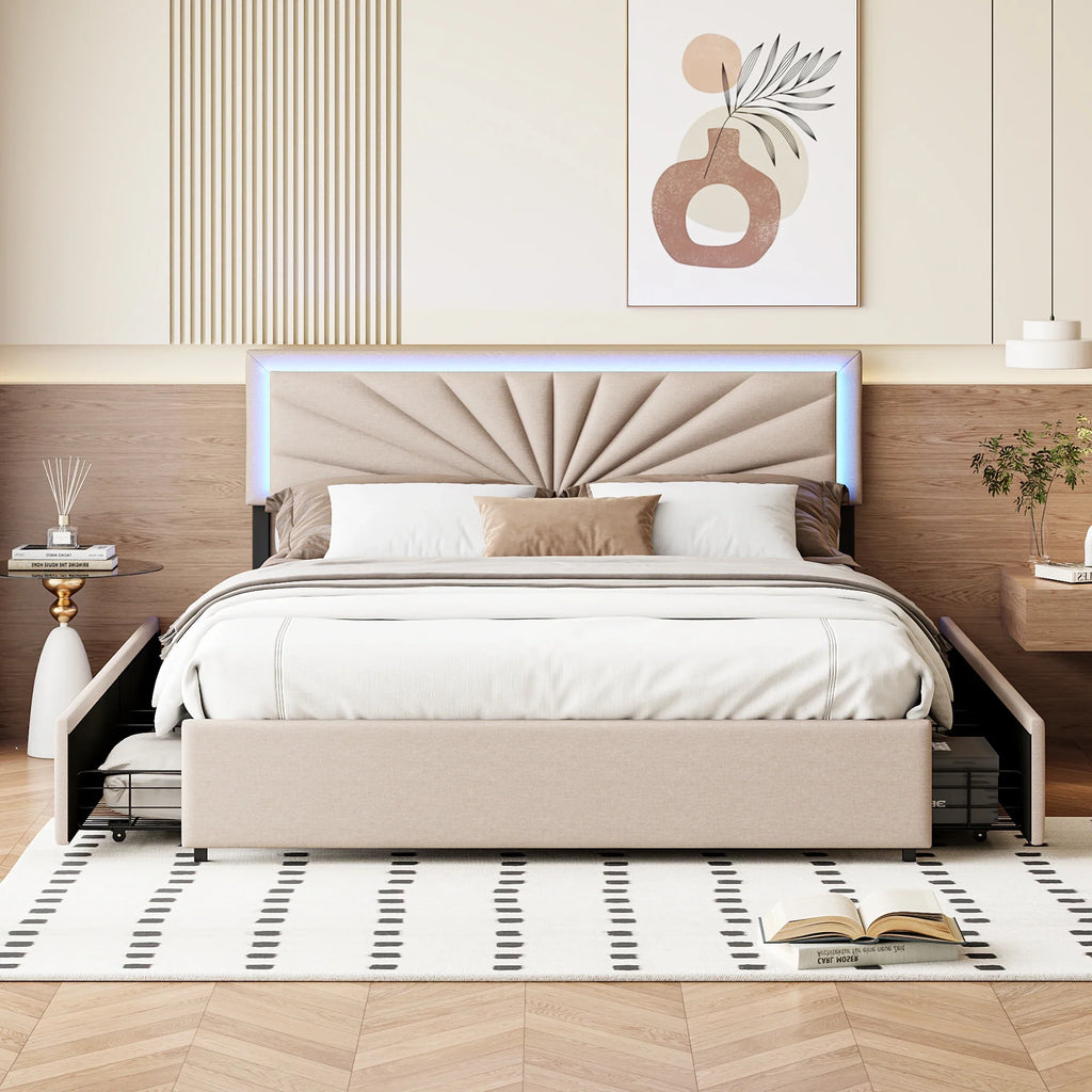 Urban Luxe 160x200 cm Upholstered bed with 4 Drawers and LED Light bed with Storage, Slatted, Linen, Beige