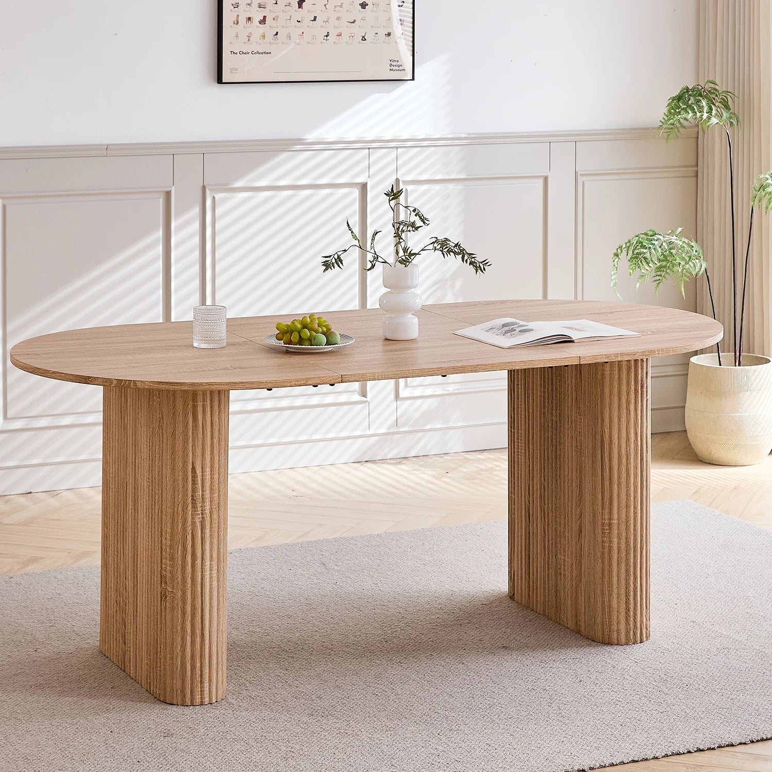 EGOONM Mesa de comedor moderna, ovalada, con pedestal estriado, mesa de cocina para 6-8 personas, mesa de madera para comedor