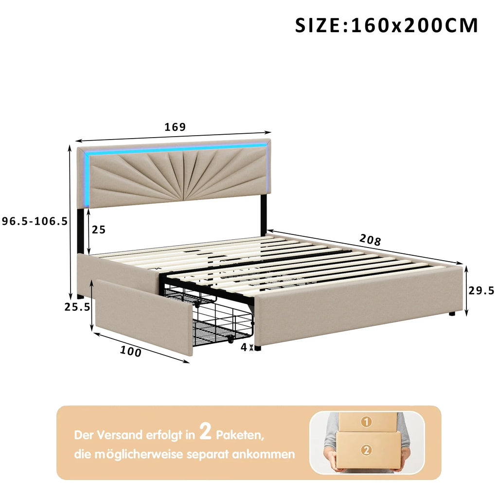 Urban Luxe 160x200 cm Upholstered bed with 4 Drawers and LED Light bed with Storage, Slatted, Linen, Beige