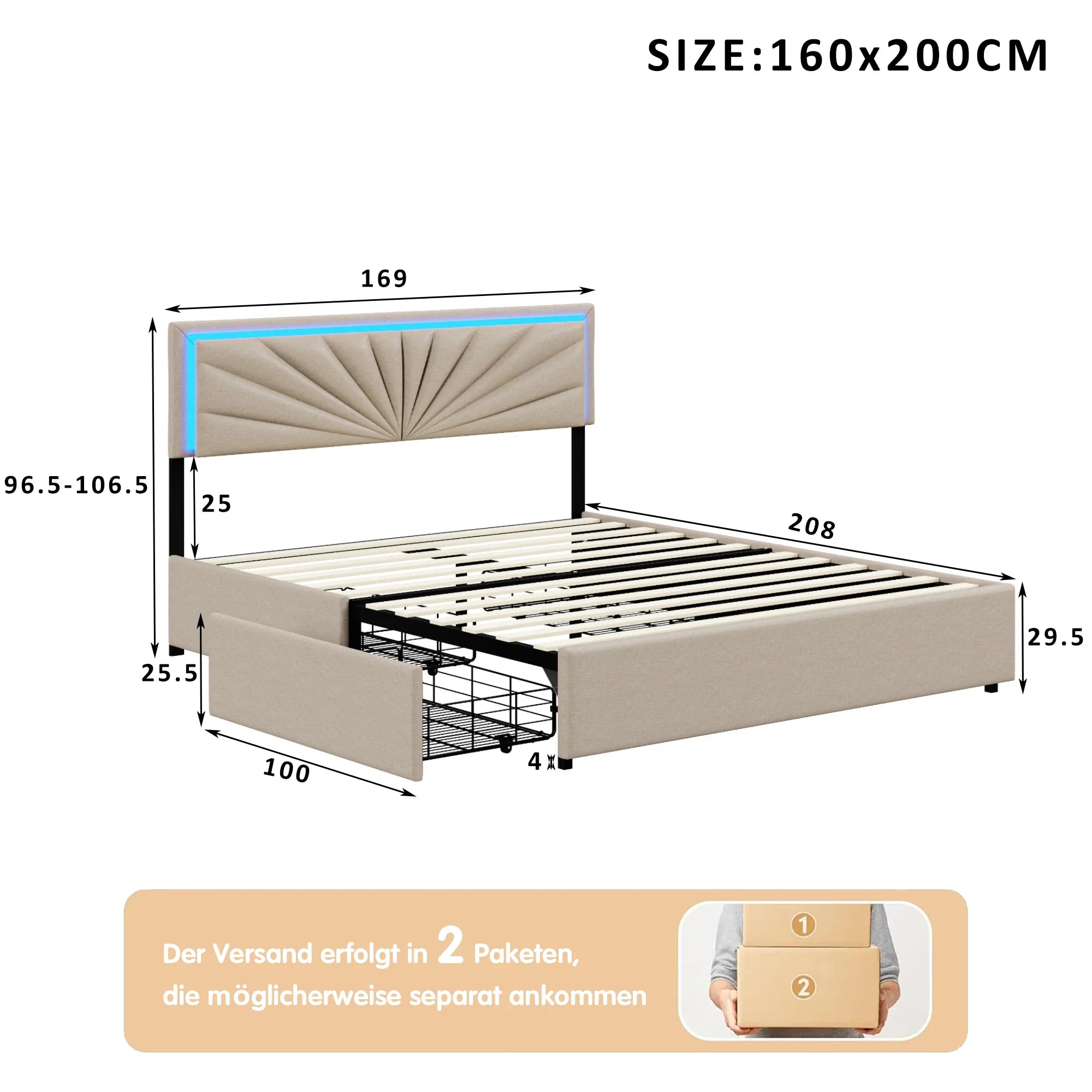 Urban Luxe 160x200 cm Upholstered bed with 4 Drawers and LED Light bed with Storage, Slatted, Linen, Beige