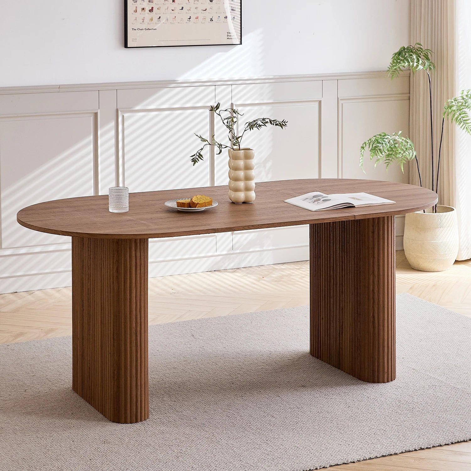 EGOONM Mesa de comedor moderna, ovalada, con pedestal estriado, mesa de cocina para 6-8 personas, mesa de madera para comedor
