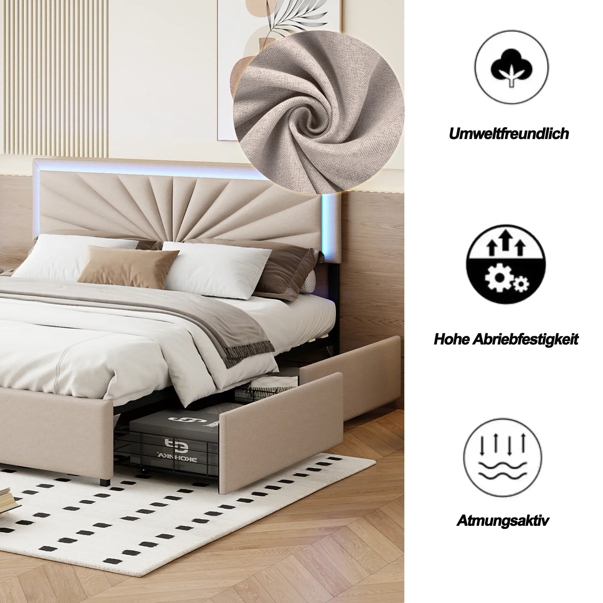 Urban Luxe 160x200 cm Upholstered bed with 4 Drawers and LED Light bed with Storage, Slatted, Linen, Beige