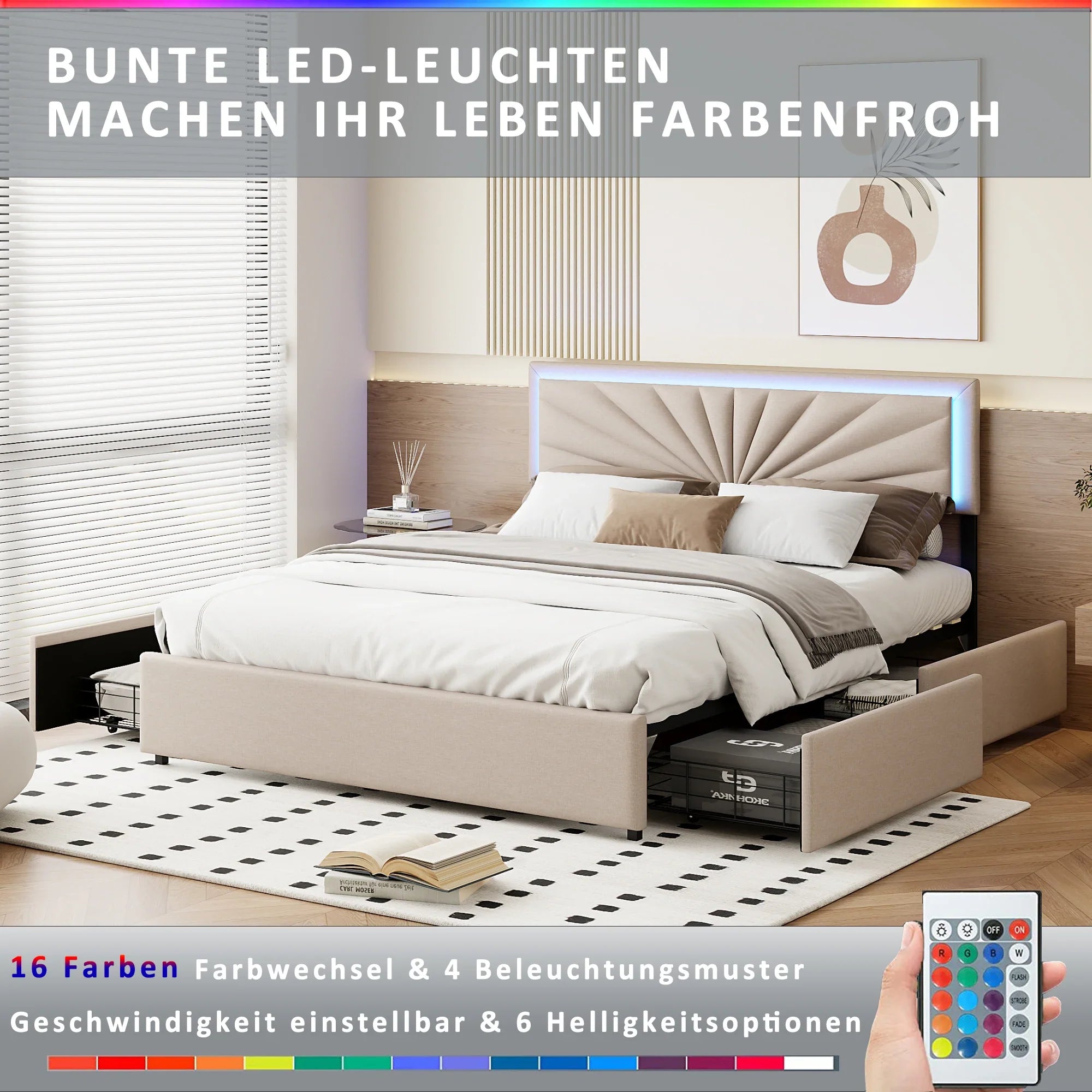 Urban Luxe 160x200 cm Upholstered bed with 4 Drawers and LED Light bed with Storage, Slatted, Linen, Beige