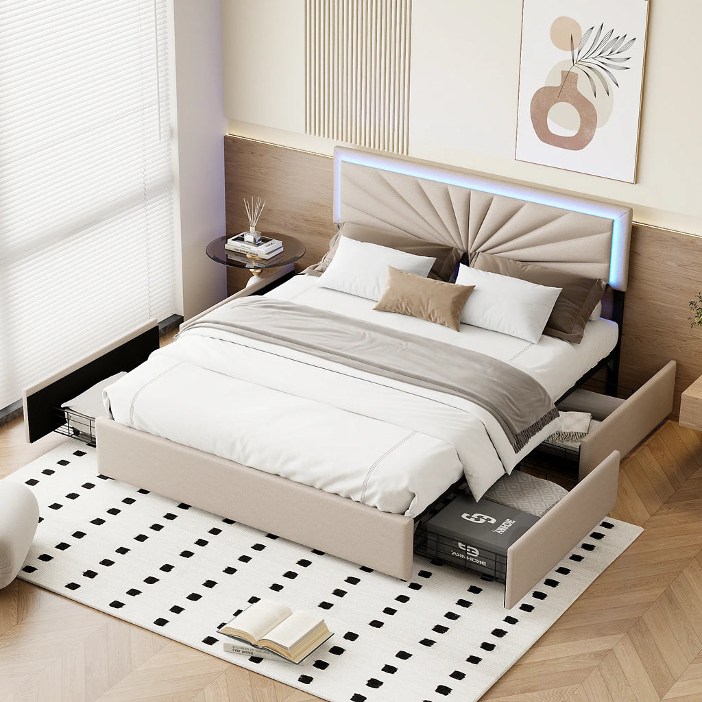 Urban Luxe 160x200 cm Upholstered bed with 4 Drawers and LED Light bed with Storage, Slatted, Linen, Beige
