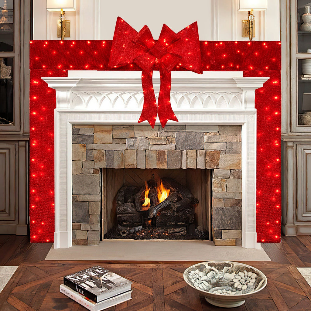 Lighted Christmas Tinsel Doorway Arch with Removable Bow for Roof Door Fireplace