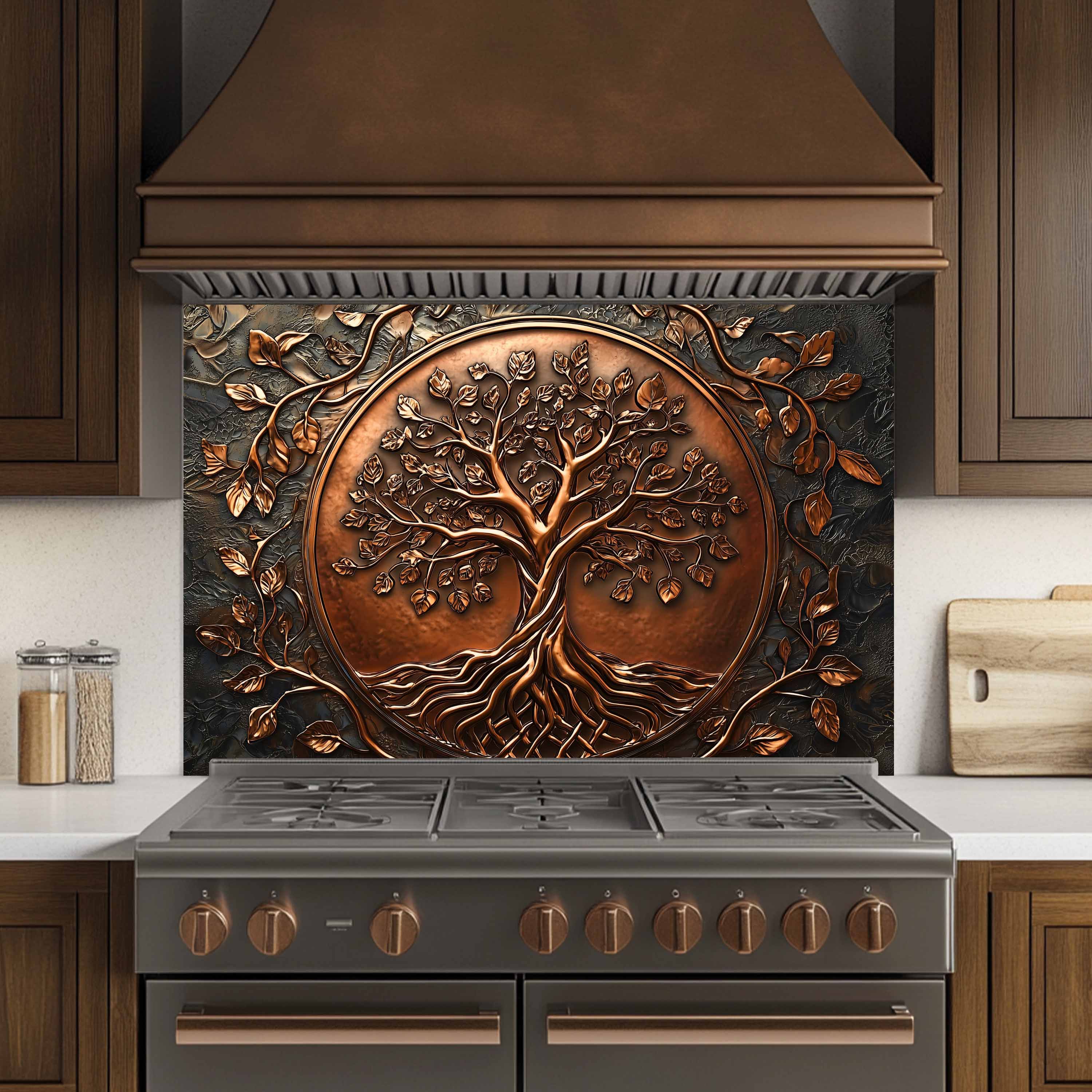 Protector contra salpicaduras de cocina personalizado – Árbol con aspecto de cobre Protector de salpicaduras para estufa de vidrio templado