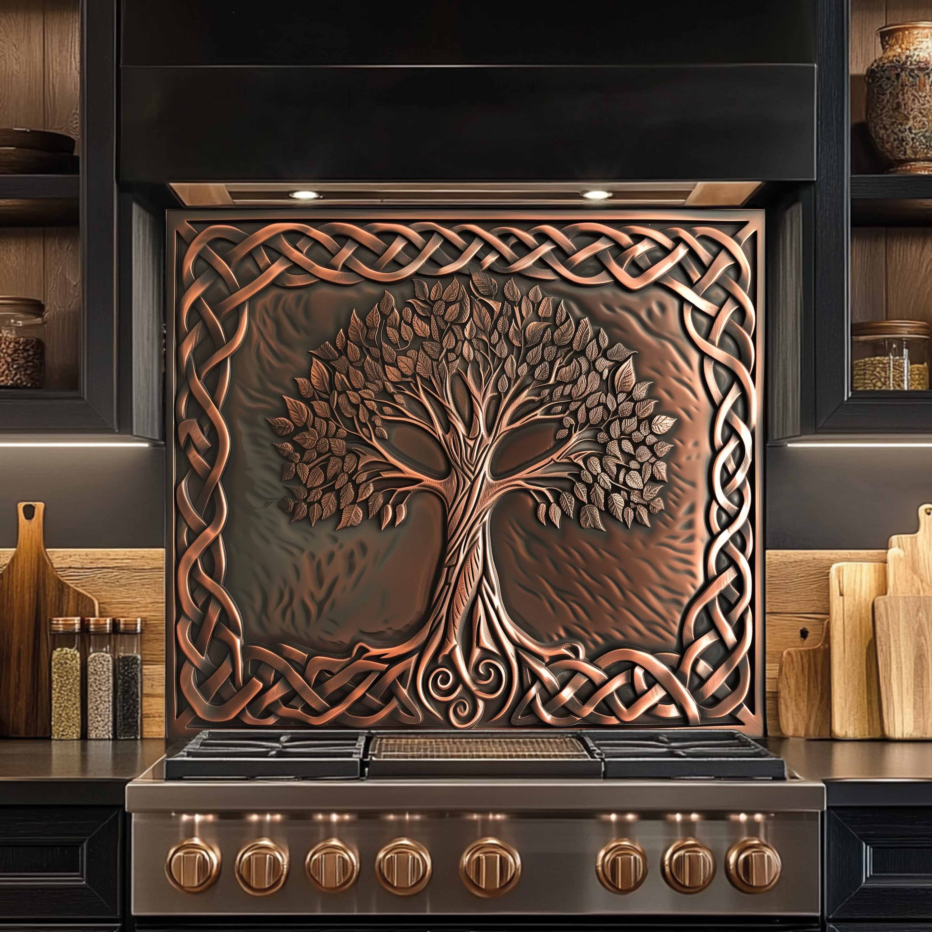 Custom Kitchen Backsplash – Copper Knot Look Tempered Glass Stove Backsplash