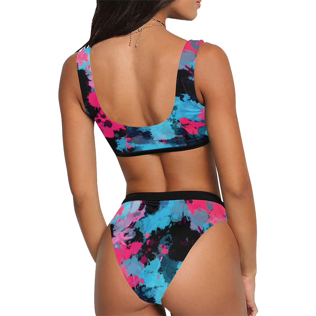 Top deportivo y bikini de tiro alto con salpicaduras de pintura rosa y azul / Conjunto de rave | Reactivo a la luz negra UV