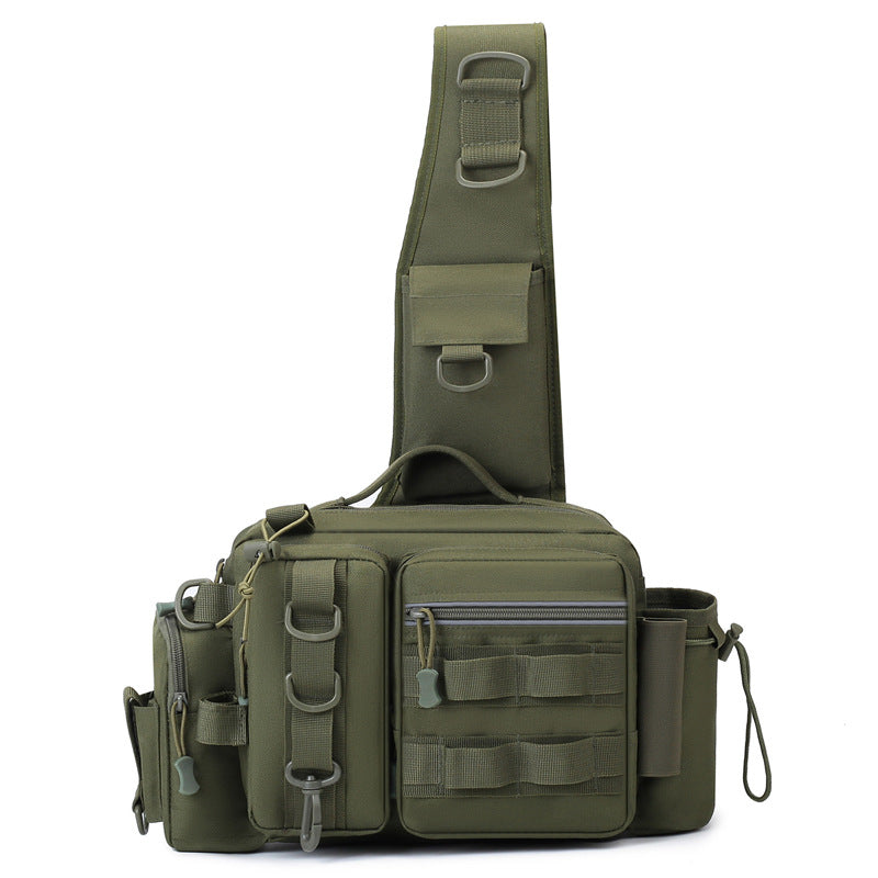 Men's Fishing Backpack with Bait Box & Rod Holder Sling Bag in olive green color with multiple pockets and adjustable strap