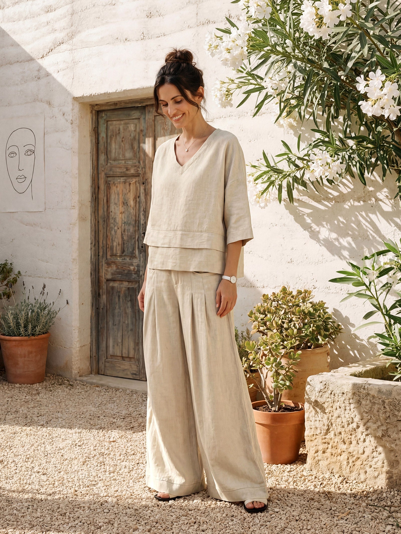 Pantalones VERIDIANA de lino 100% con pliegues esculpidos y espalda elástica, de corte relajado