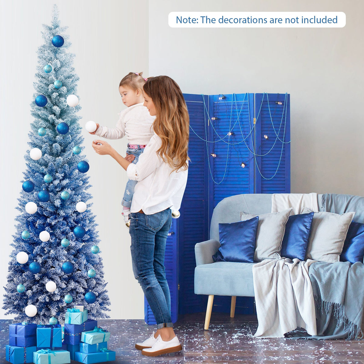 7 Feet Blue Gradient Snow Flocked Artificial Christmas Tree-Blue
