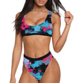 Top deportivo y bikini de tiro alto con salpicaduras de pintura rosa y azul / Conjunto de rave | Reactivo a la luz negra UV