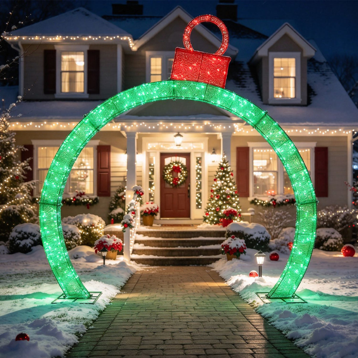 10.5 Feet Christmas Pre-Lit Arch with Gold Ornament Cap and 300 Warm White LED Lights