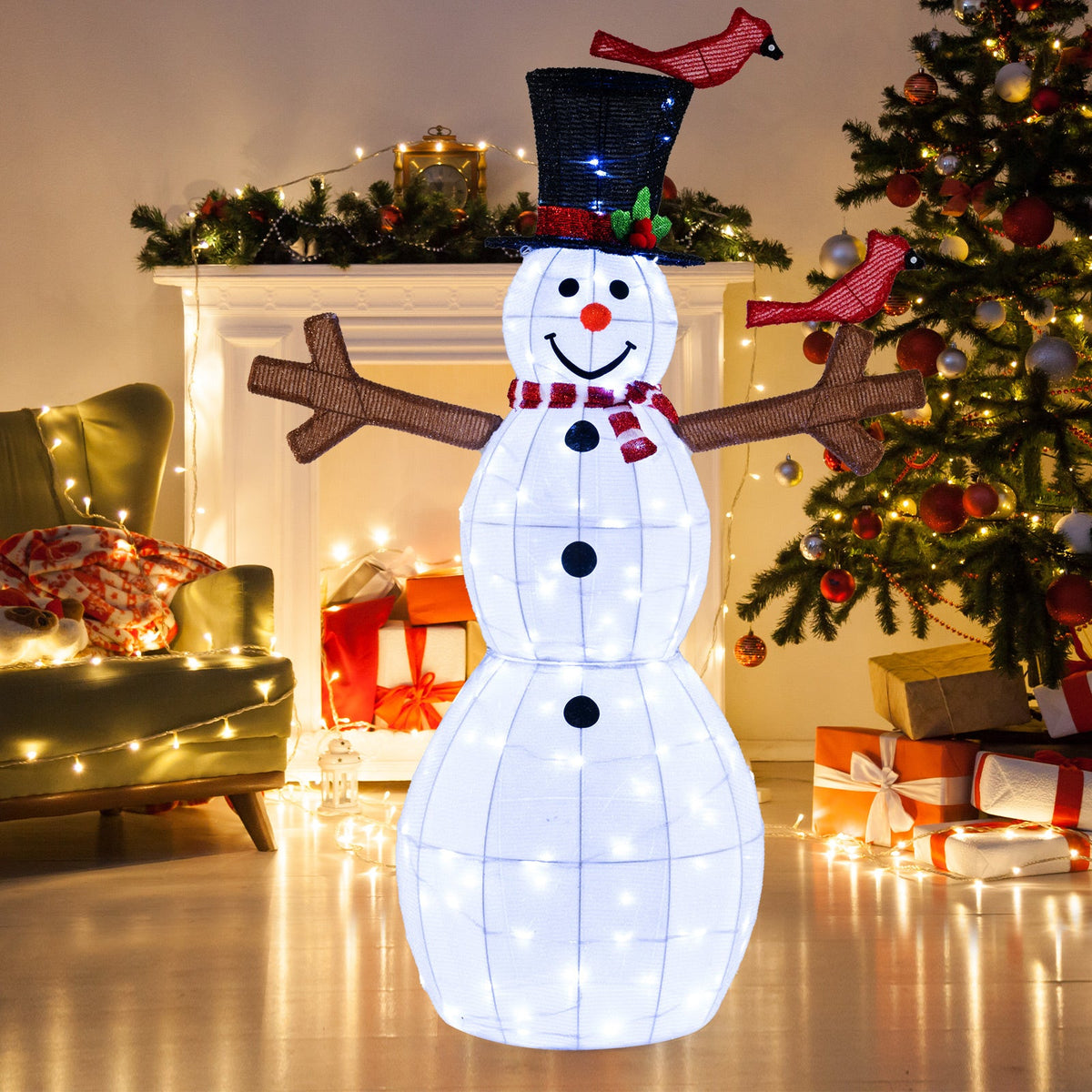4.8 Feet Christmas Snowman with 120 LED Lights and 2 Decorative Red Birds