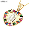 Colorful Crystal Heart Guadalupe Virgin Pendant in 14K Gold - A Vibrant Expression of Faith and Beauty