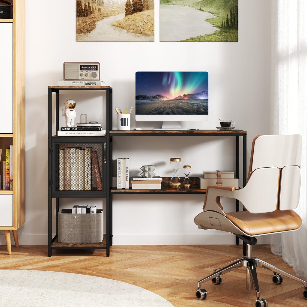 Computer Desk with Bookshelf Home Office Desk with Storage Cabinet and Shelves-Rustic Brown