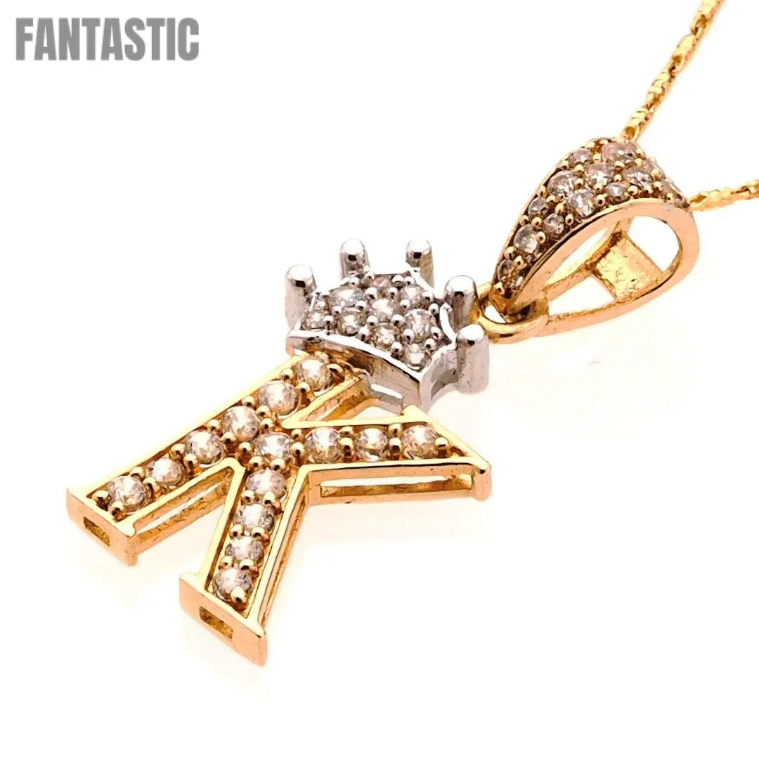 Crown Two Tone Initial 'K' Pendant in 14K Gold with CZ Stones