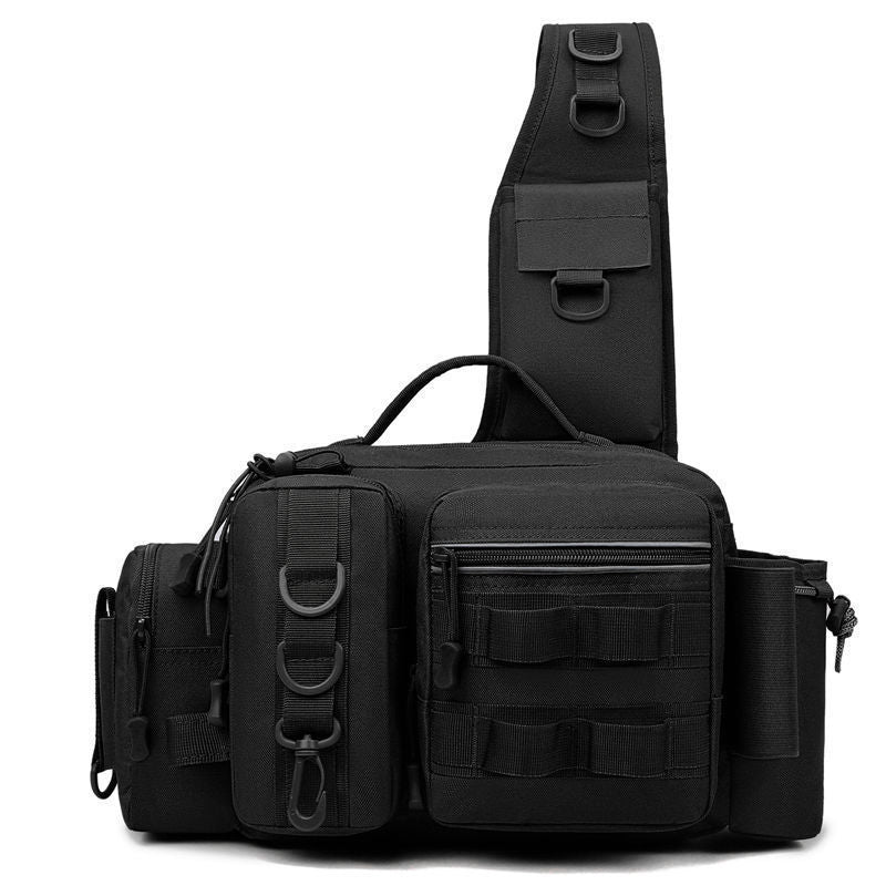 Men's Fishing Backpack with Bait Box & Rod Holder Sling Bag in sleek black design featuring multiple pockets.