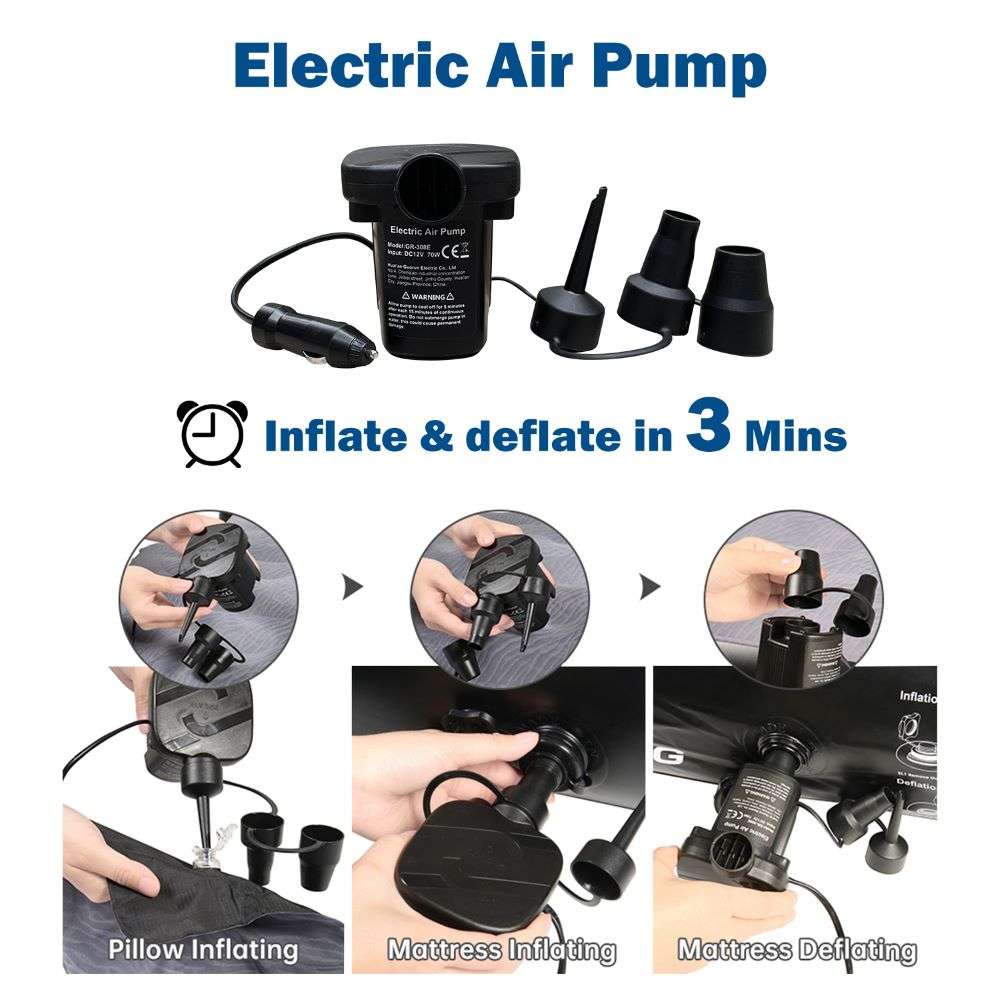 Colchón de aire universal DikaSun para SUV – Flocado mejorado, superficie Oxford extragruesa, con bomba eléctrica y cable de carga de 3 m (gris)