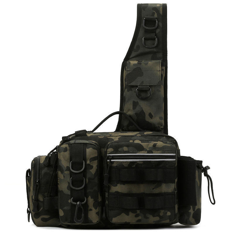 Men's Fishing Backpack with Bait Box & Rod Holder Sling Bag in camouflage design.