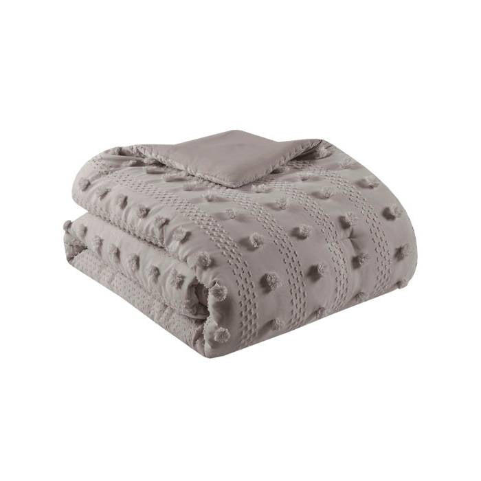 Full/Queen 3-Piece Grey Microfiber Comforter Set with Decorative Pompoms