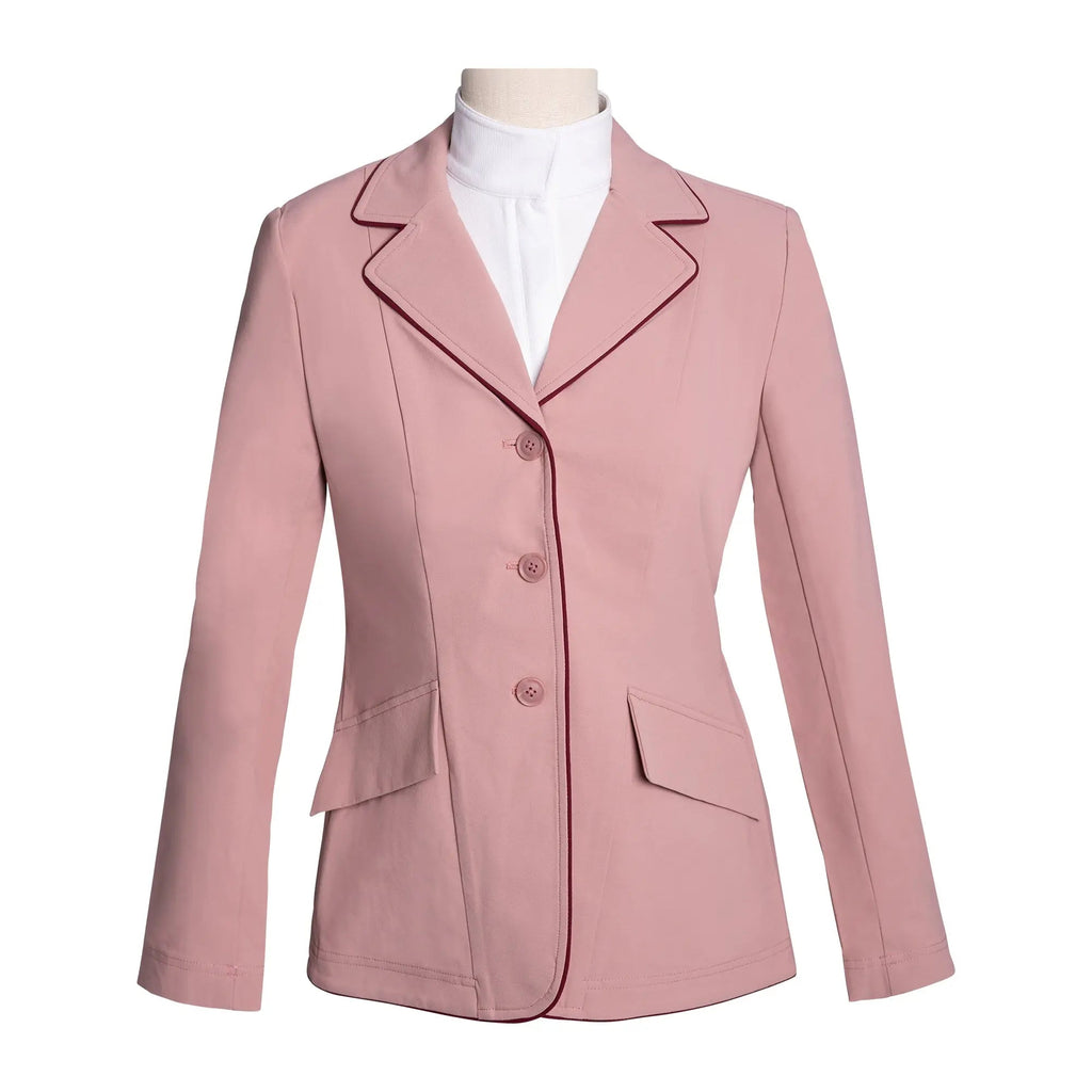 Chaqueta de concurso Grand Prix Ladies EQJ de 3 botones, rosa con ribete burdeos
