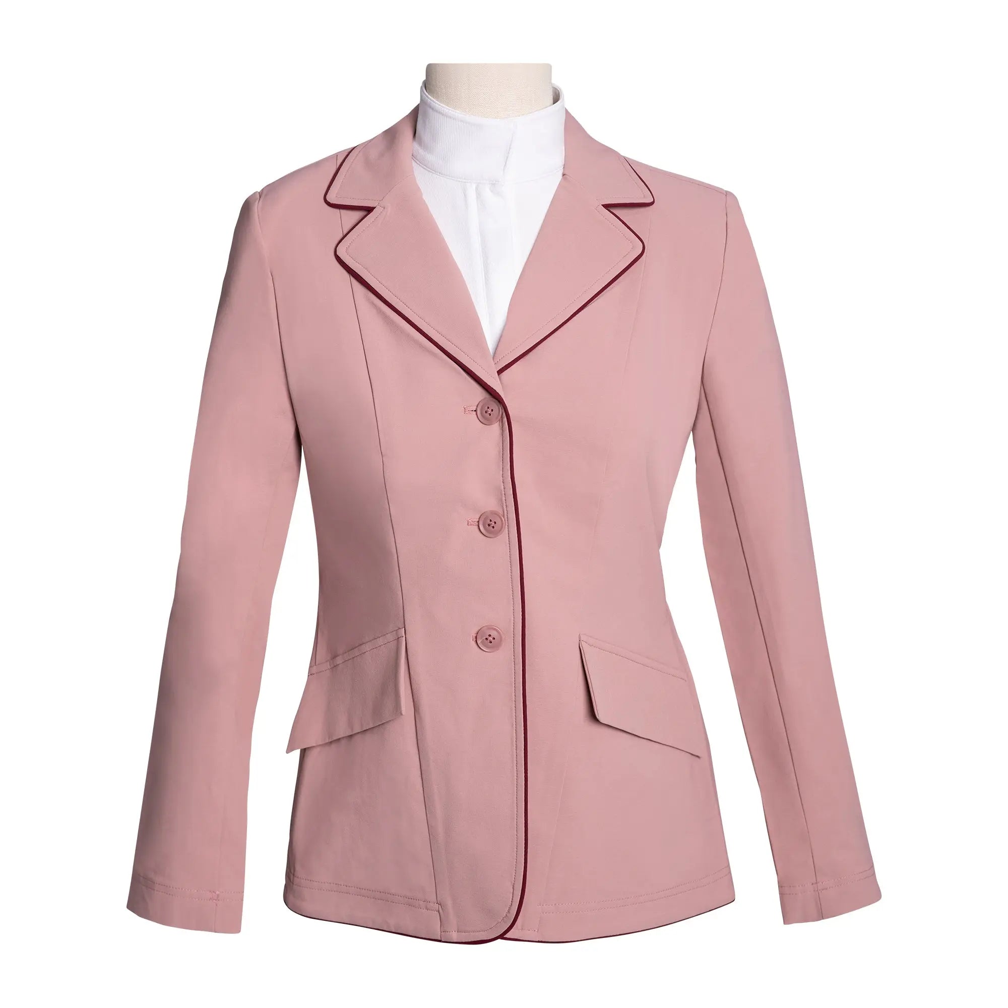 Chaqueta de concurso Grand Prix Ladies EQJ de 3 botones, rosa con ribete burdeos